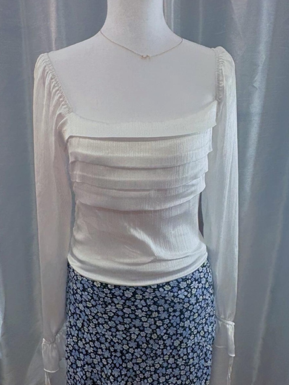 miami Ivory Square-Neck Long Sleeve Pleated Blouse